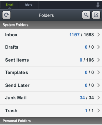 Mobile Email system and personal folders page